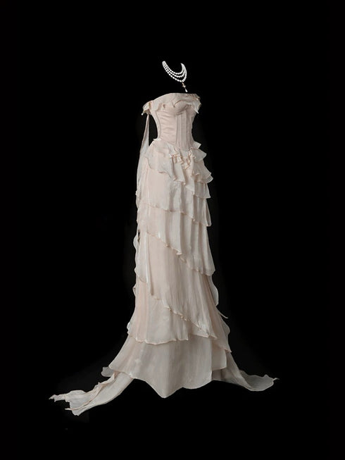Champagne Dress for Wedding Guest - Layered Tulle Ruffle Dress - Tiered Formal Gown Plus Size
